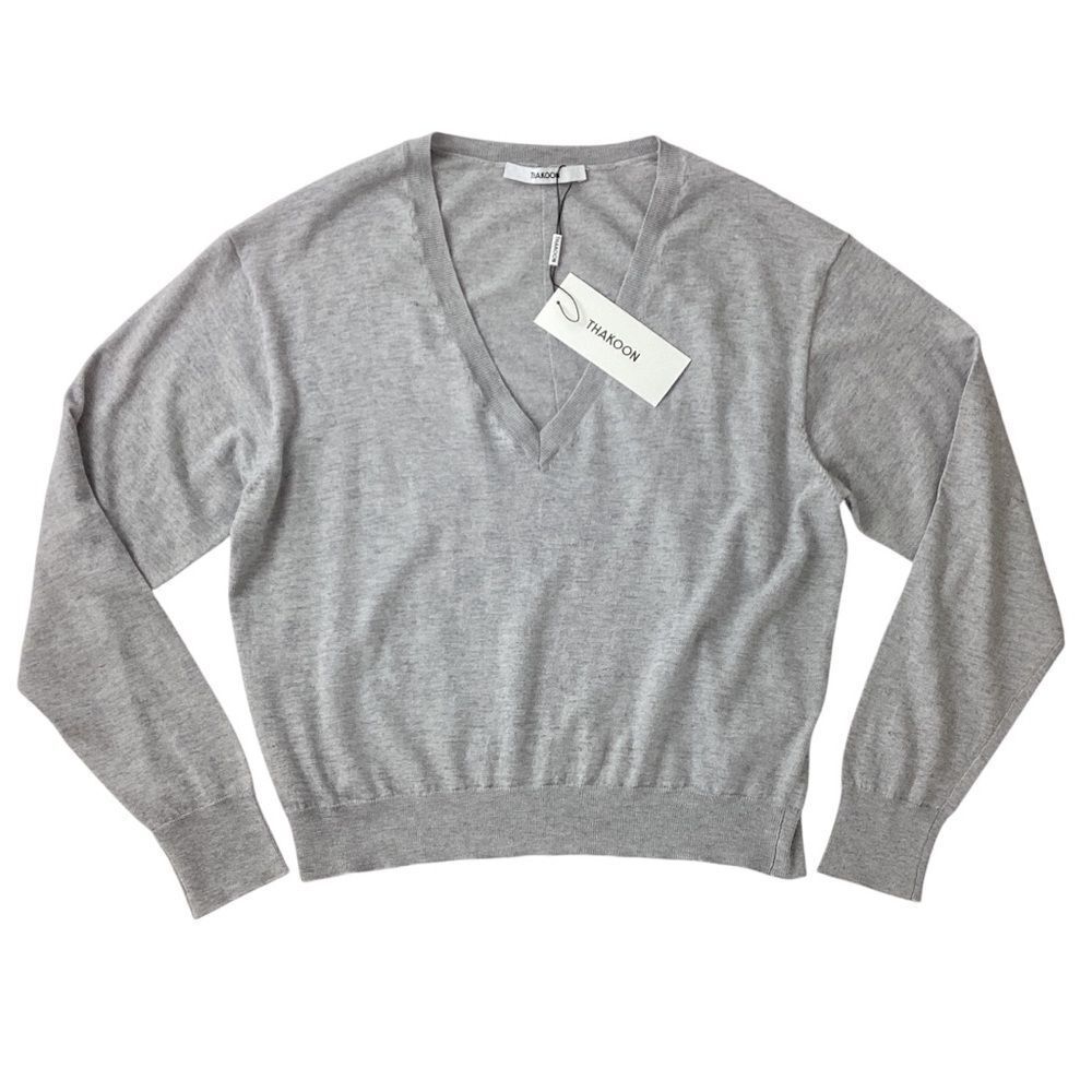 THAKOON Size XL NWT V-neck Sweater LH Light Heather Gray Lightweight Pullover - Picture 3 of 10